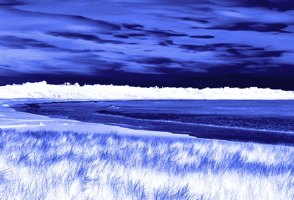 Dawn cloud over a curving beach with dune grass, in pale blue
