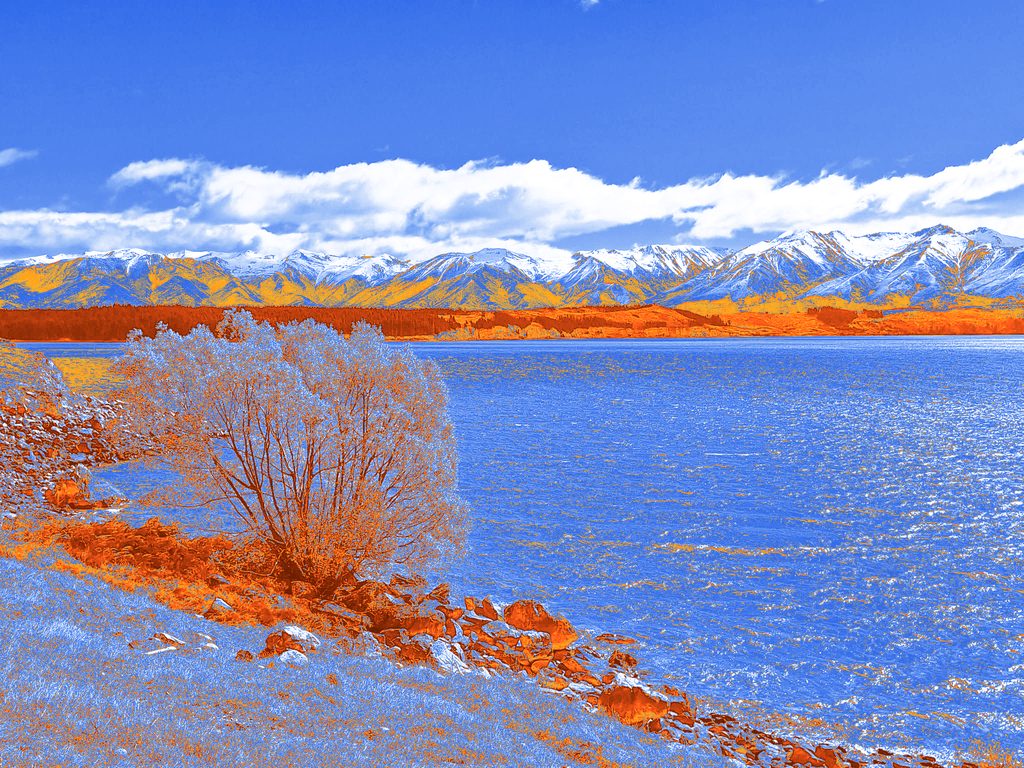 A willow on the shore of a lake with a snowy range behind, mapped to blue and orange, with five labelled rectangles cut out of it