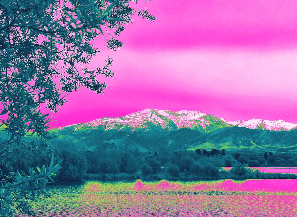 A snowy mountain behind willows and a lake, mapped to teal, lime and pink