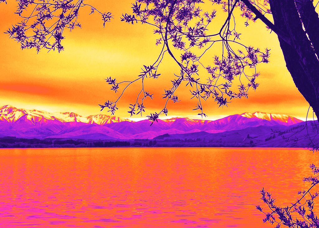 A branch framing a lake and a snowy range at dusk, mapped to heat colours, with five labelled rectangles cut out of it